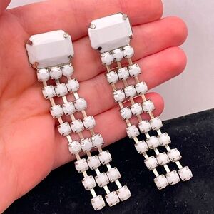 Vintage 40's Art Deco White Rhinestone Wedding Bridal Holiday Dangle Earrings